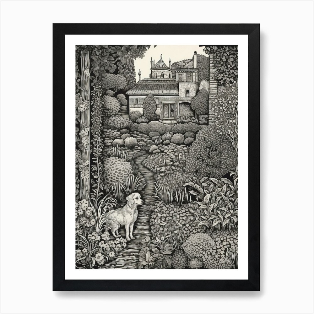 Dog in Alhambra Garden Framed Wall Art Canvas Print