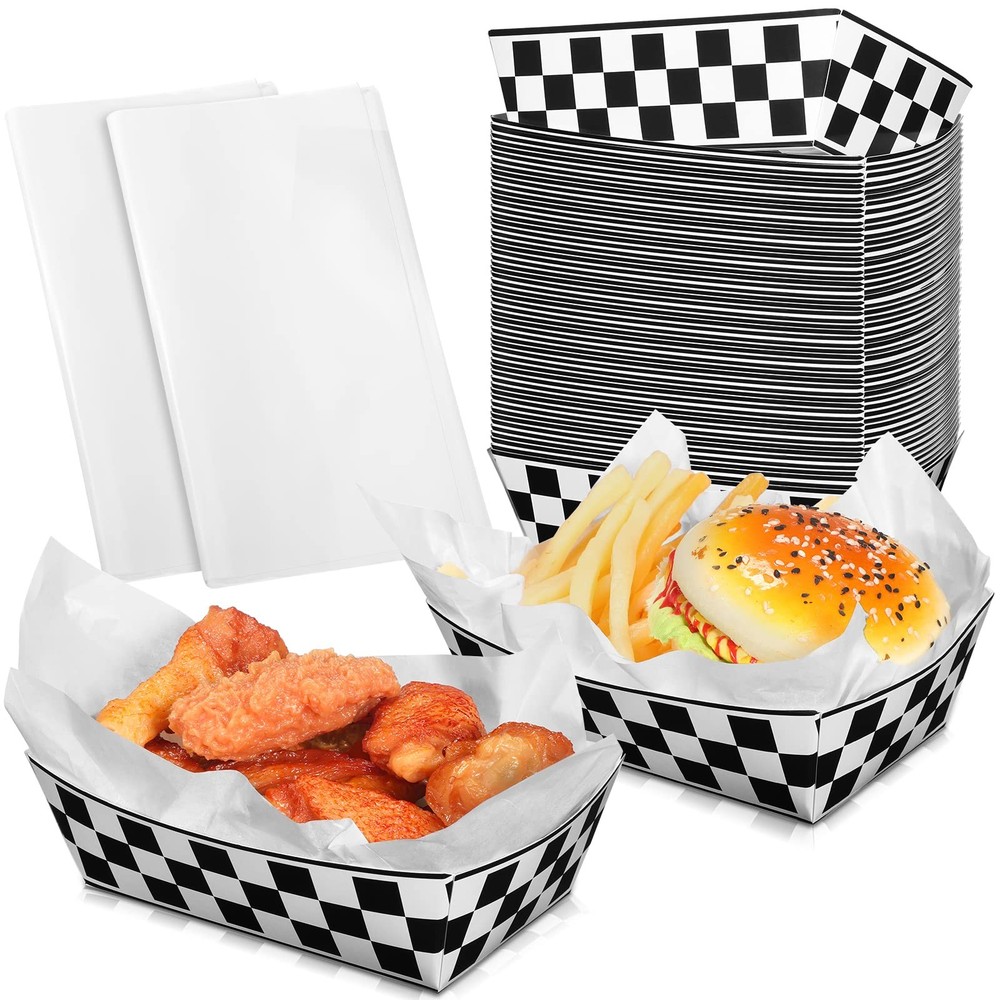 50-Pack Checkered Disposable Food Trays with Deli Liners for Parties & Events