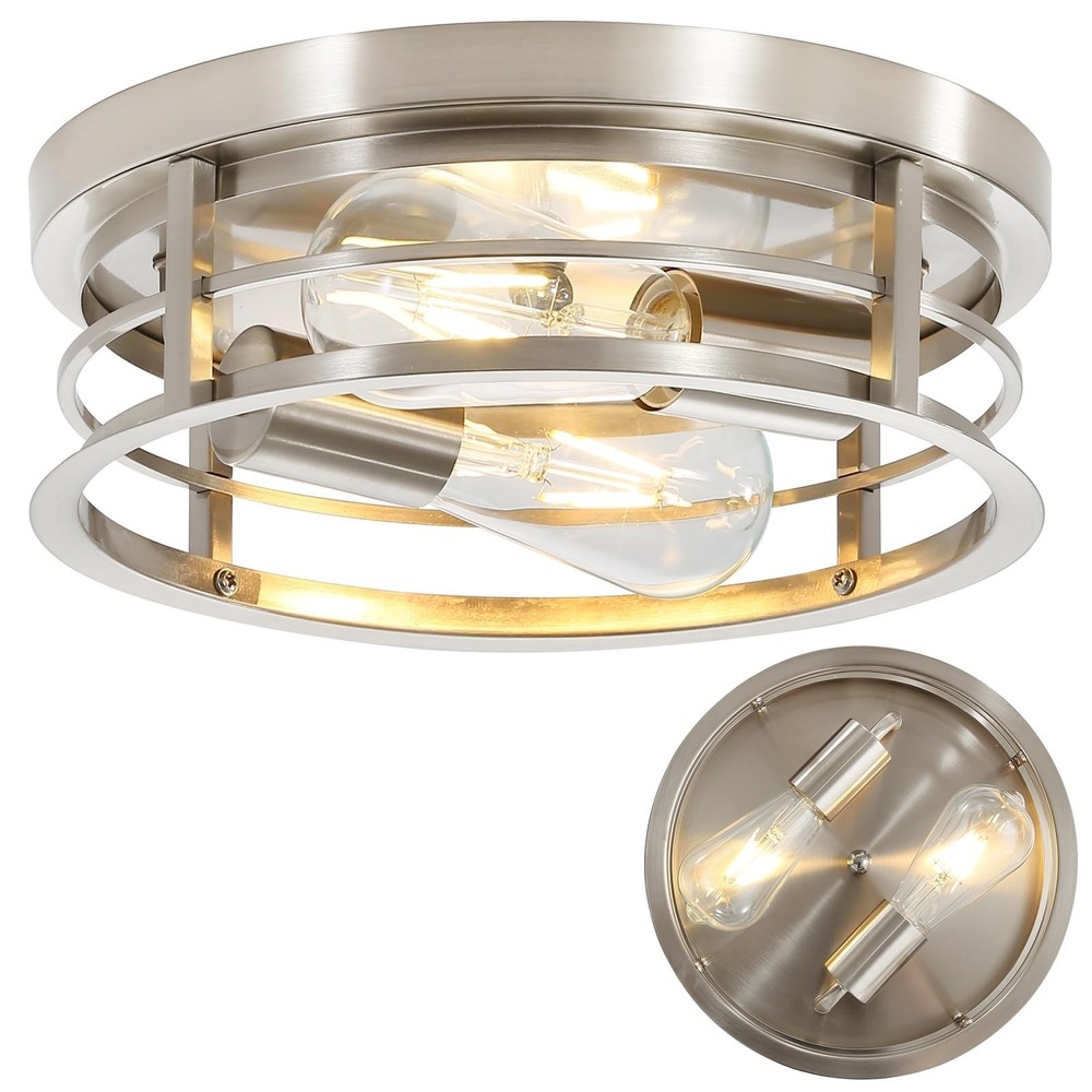 2-Light Round Flush Mount Ceiling Light, Farmhouse Brushed Nickel Metal Cage ...
