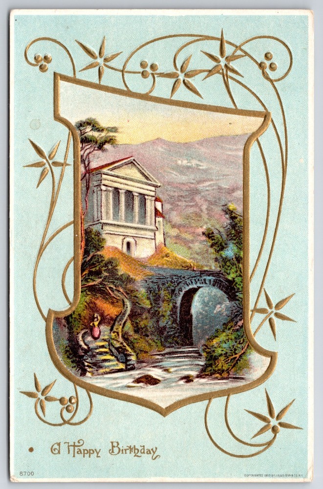 A Happy Birthday Embossed Light Blue Gold Accented 1909 Julius Bien Postcard