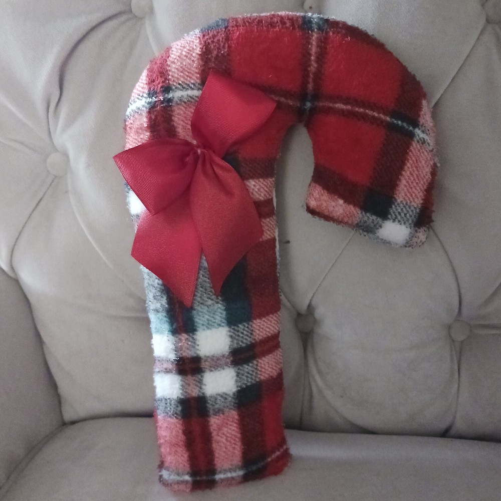 Christmas Candy Cane Accent Decor Pillow/ Plush Red & Green Plaid Fleece Fabric-image