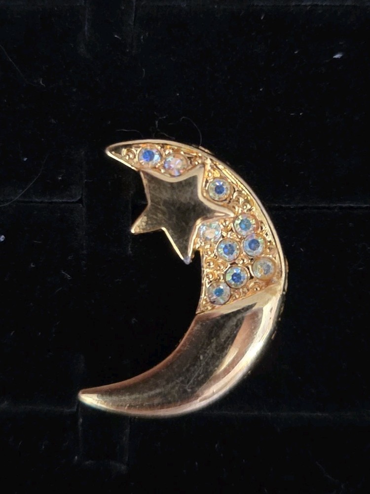 Vintage Signed KIRK'S FOLLY Crescent Moon Pin Tac Gold Tone AB Rhinestone