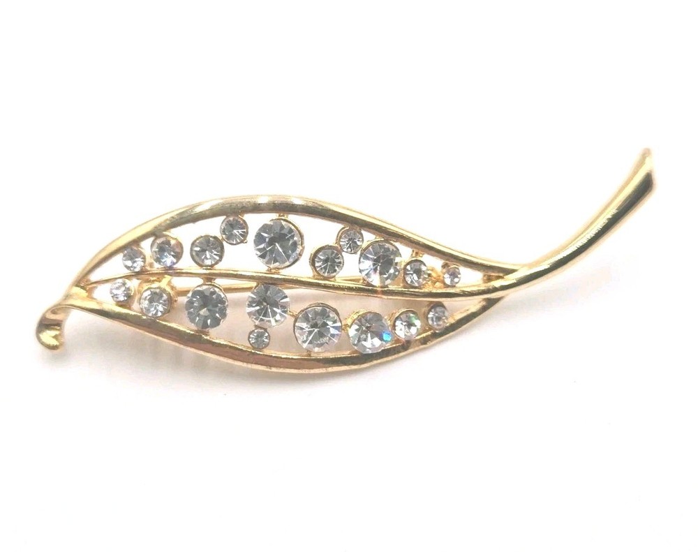 Vintage Gold Tone Rhinestone Leaf Brooch Pin Elegant Nature Costume Jewelry