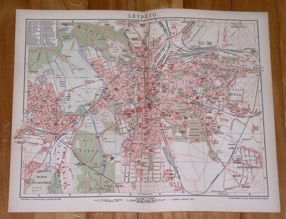 1900 Original Antique City Map Of Leipzig Saxony With Street Index / Germany