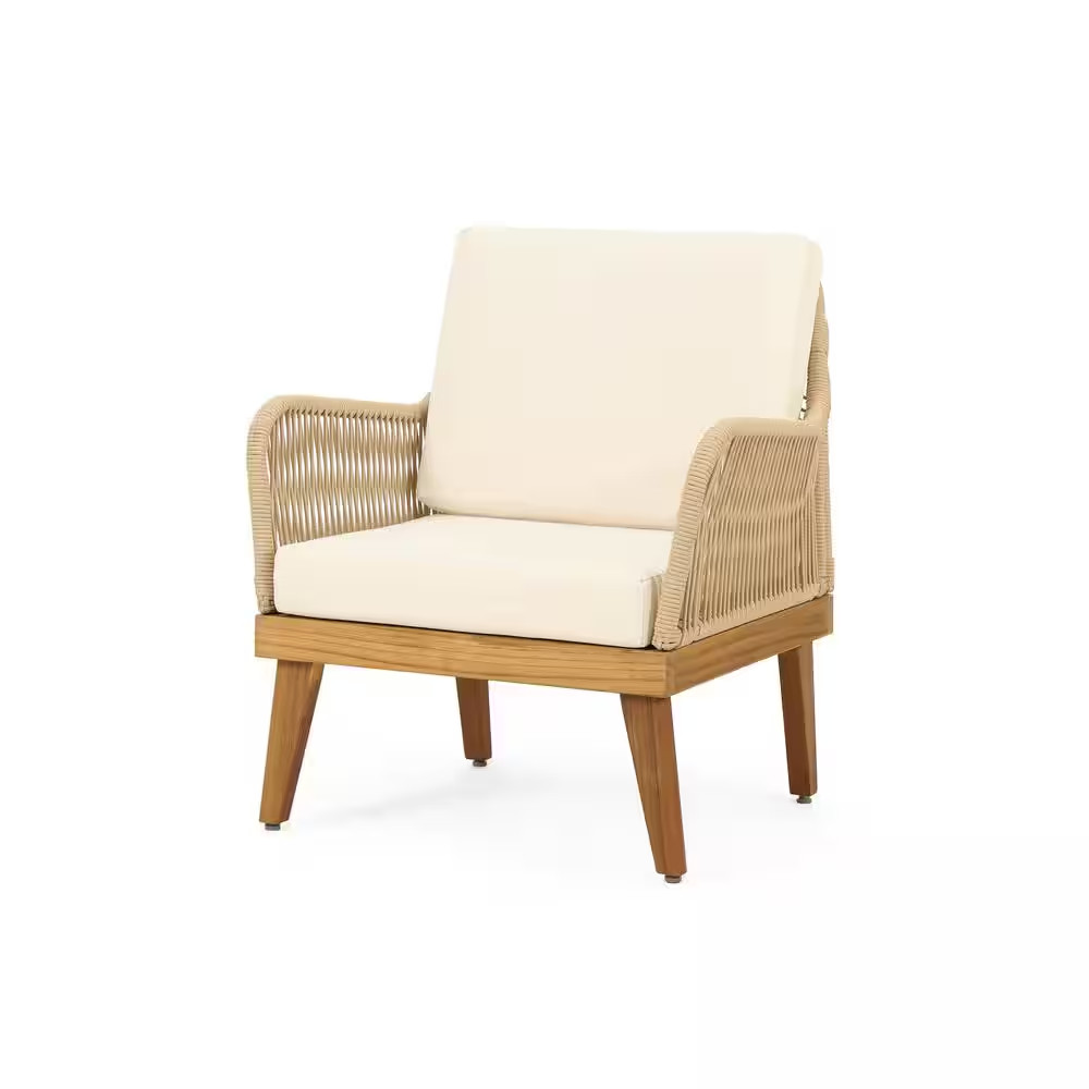 Inkwood Acacia Wood and Rope Lounge Chair with Beige Cushion