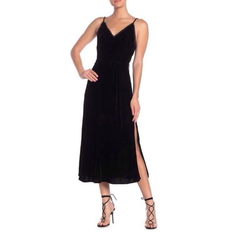 FRAME Belted Velvet Midi Slip Dress Size XS Black NWT Silk Blend Tie Waist