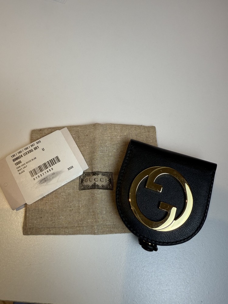 NWT & Dust Bag Gucci Black Leather Coin Case with Gold GG Logo