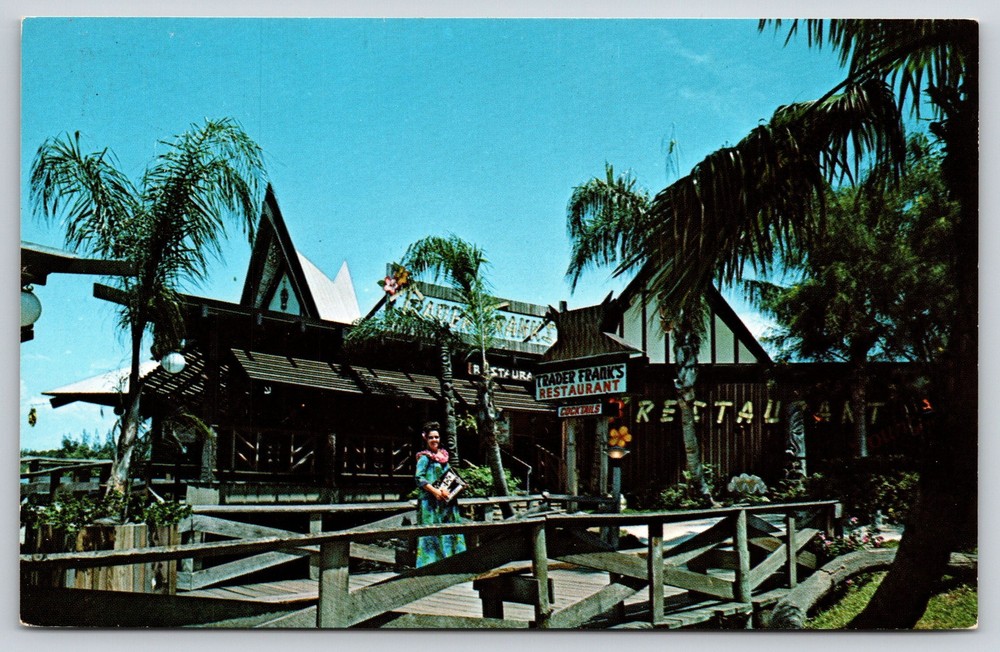 Indian Rocks Beach Florida~Trader Franks Restaurant~Tiki Gardens~Sign~1950s PC