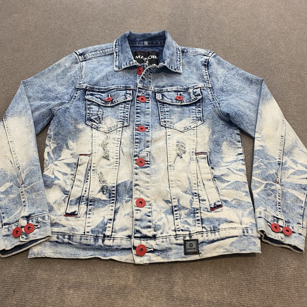 Makobi Acid Wash Denim Jean Jacket Mens Size M Distressed Spotted Y2K Grunge