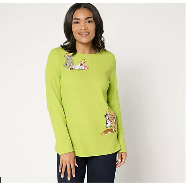 Quacker Factory Waffle Knit long Sleeve Cat Top 1X