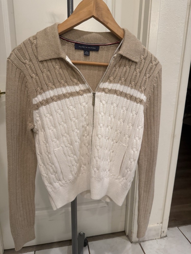 Tommy Hilfiger Women's Cable-Knit Zippered Sweater - Ivory/ Sky Captain Size XS