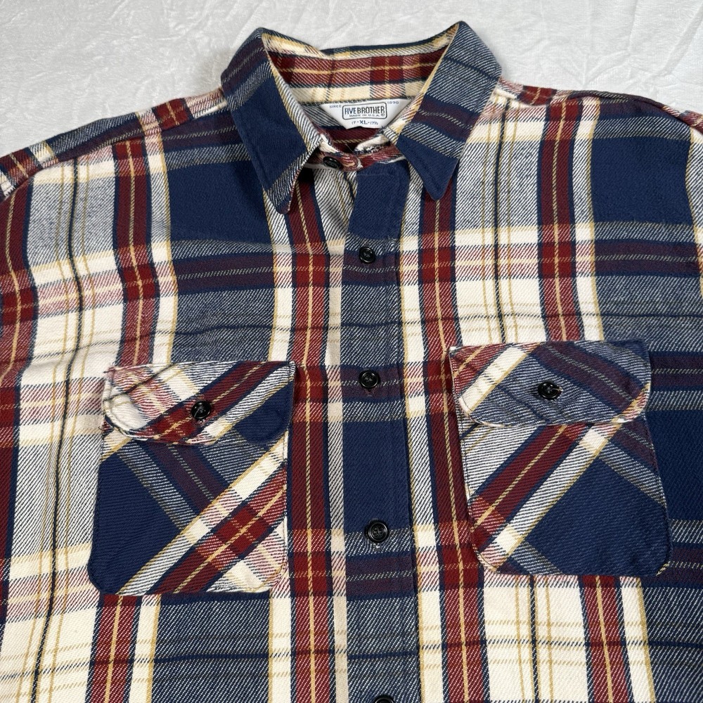 Vintage Five Brother Flannel Shirt Mens XL Button Plaid Blue Red Made in USA 80s