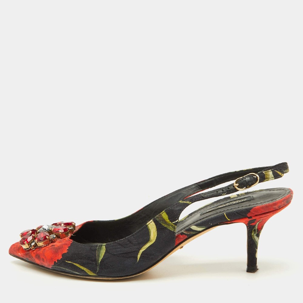 Dolce Gabbana Black Brocade Floral Fabric Crystal Embellished Slingback Pumps