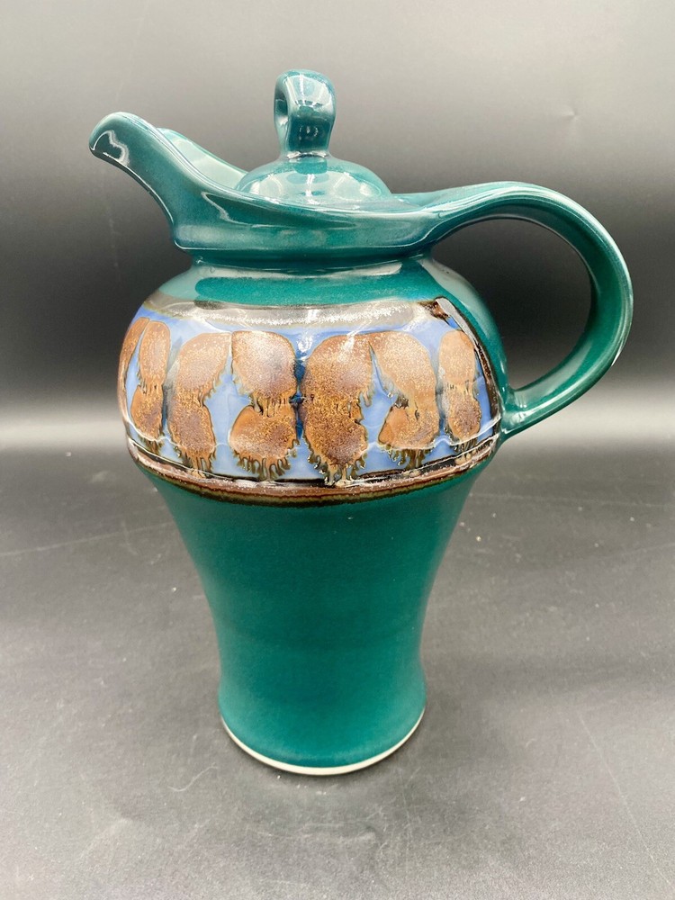 Handmade Large Teal Pitcher w/Lid, Seagrove Pottery (NC), Butterflies, Signed