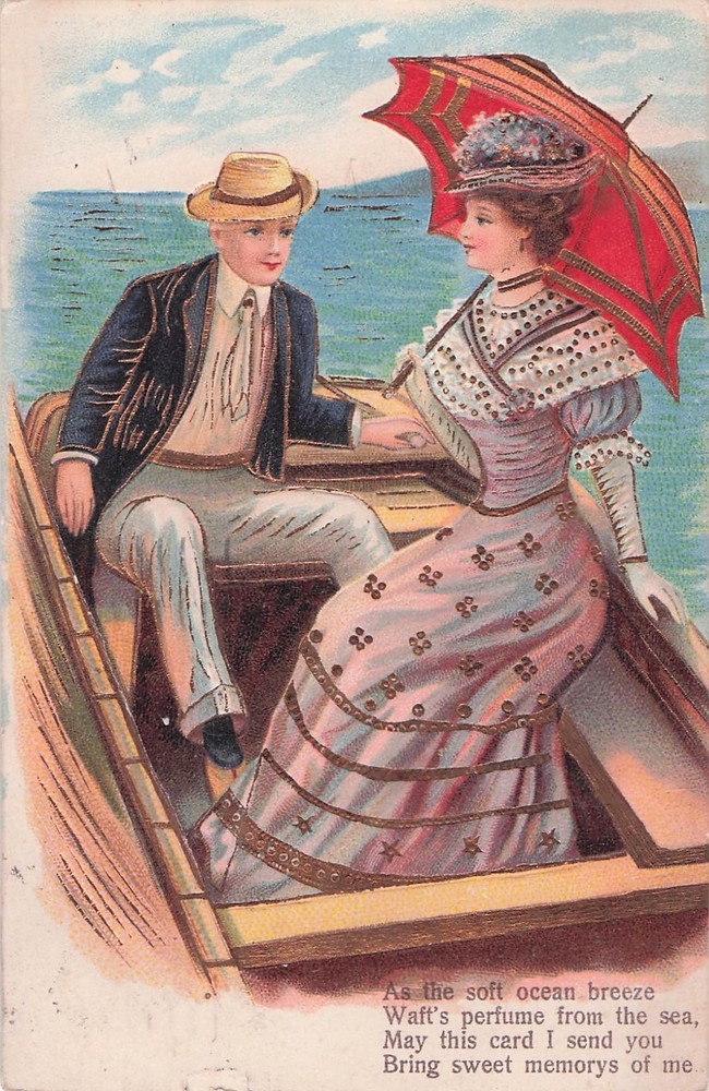 1908 Embossed Postcard Edwardian Couple Parasol Seaside Romance antique Franklin