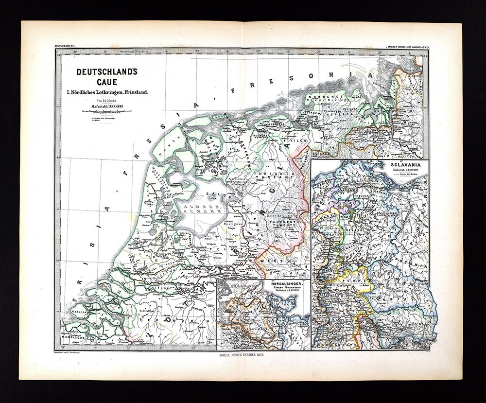 1880 Spruner Map Medieval Germany Holland Lotharingia Friesland Slavic Sclaveni