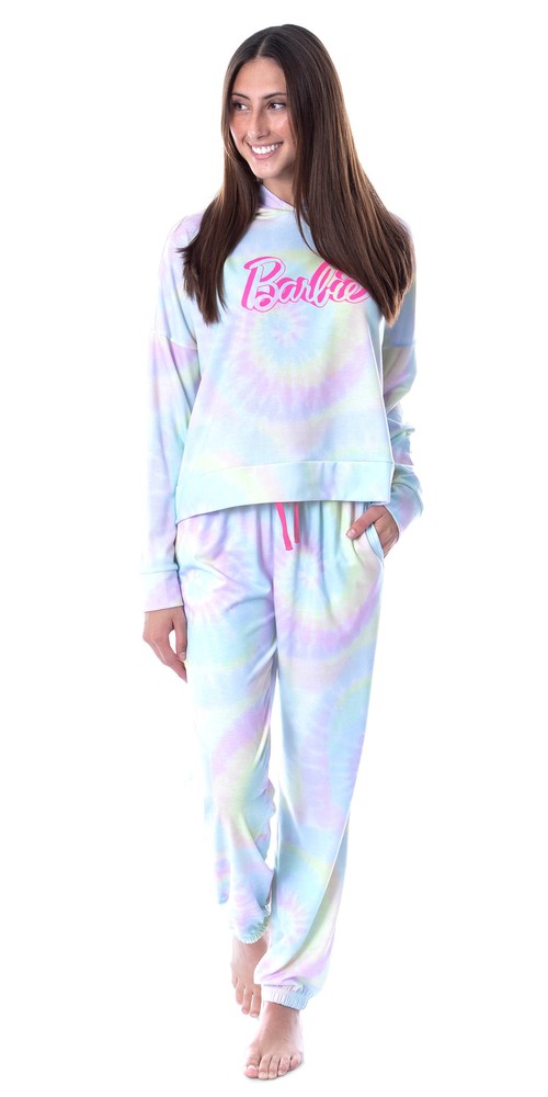 Mattel Barbie Doll Logo Tie Dye Womens' Pajama Loungewear Hooded Jogger Set SM