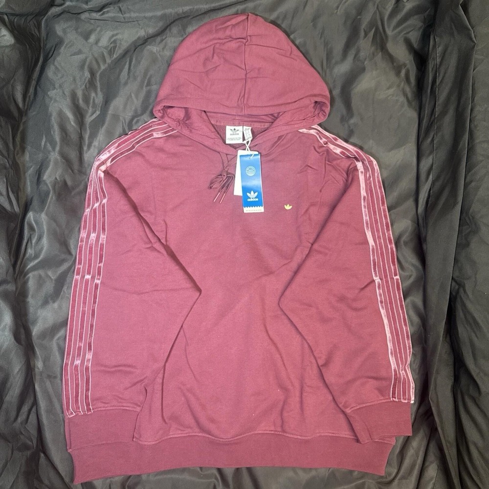 Large Adidas Hoodie Sweatshirt Women Victory Crimson Burgundy Velvet Stripes