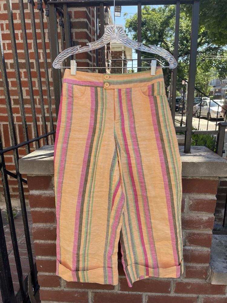Vintage 100% Linen Striped Capris Mid Rise Made In Spain 26” Slub Weave Summer