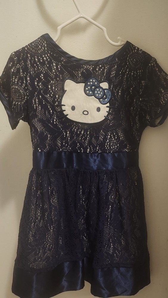 Hello Kitty Girls Fit & Flare Dress Navy Blue Lace Short Sleeve Bow Party