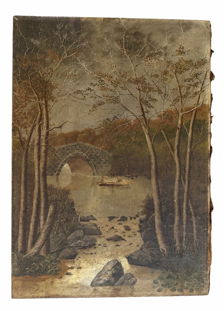 Antique 1905 Oil Painting Stone Bridge Creek Tonalist Landscape