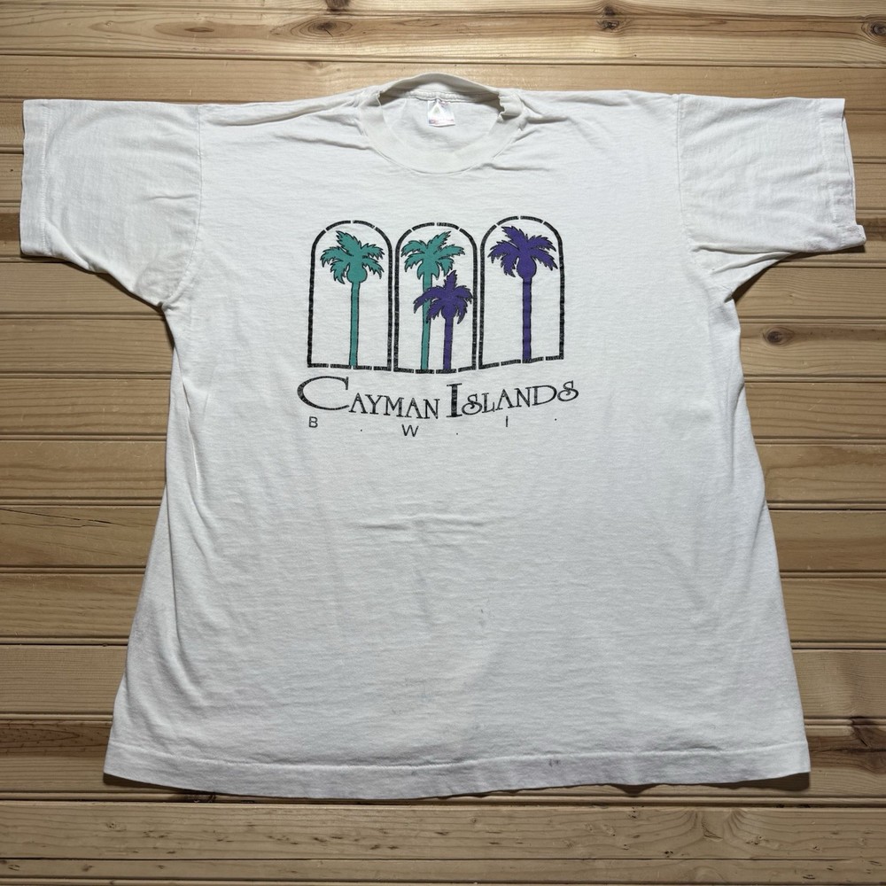 Vintage 80s Cayman Islands British West Indies Palm Tree Single Stitch Shirt XL
