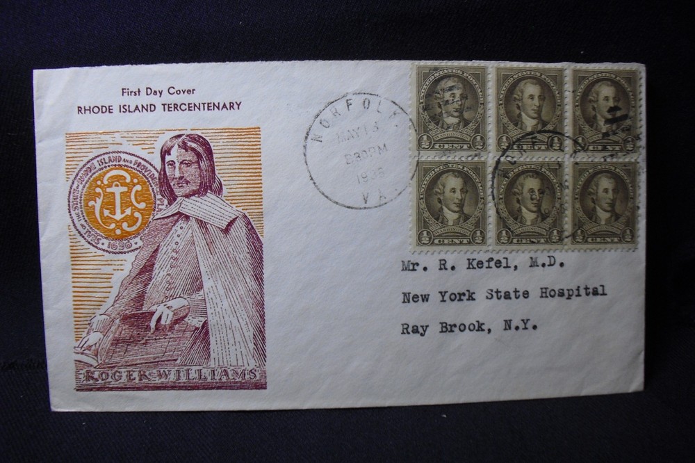 Sc # 704 (1/2 ct Washington Bloc of 6) on 1936 Cover Rhode island Tercentenary