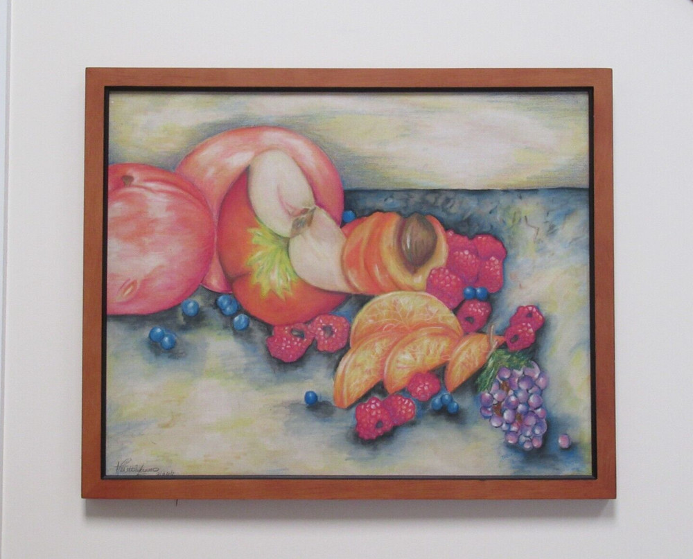 Original Acrylic Still Life Fruit on Canvas Signed in Wood Frame