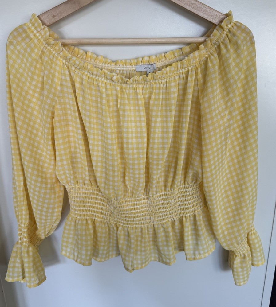 Butter Yellow Gingham Off Shoulder Cowgirl  Medium Top Fairycore Coquette Rodeo