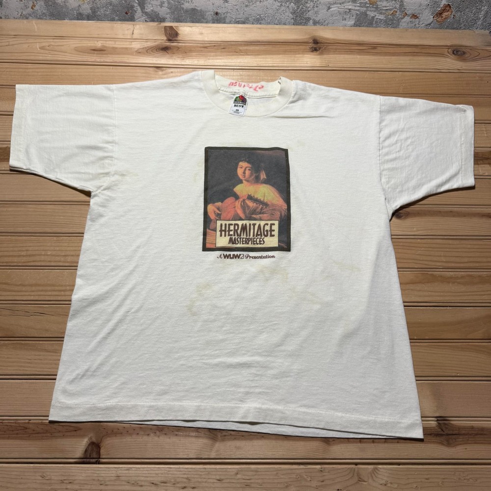 Vintage 90s Hermitage Masterpieces Museum The Lute-Player Art T-Shirt - Size XL