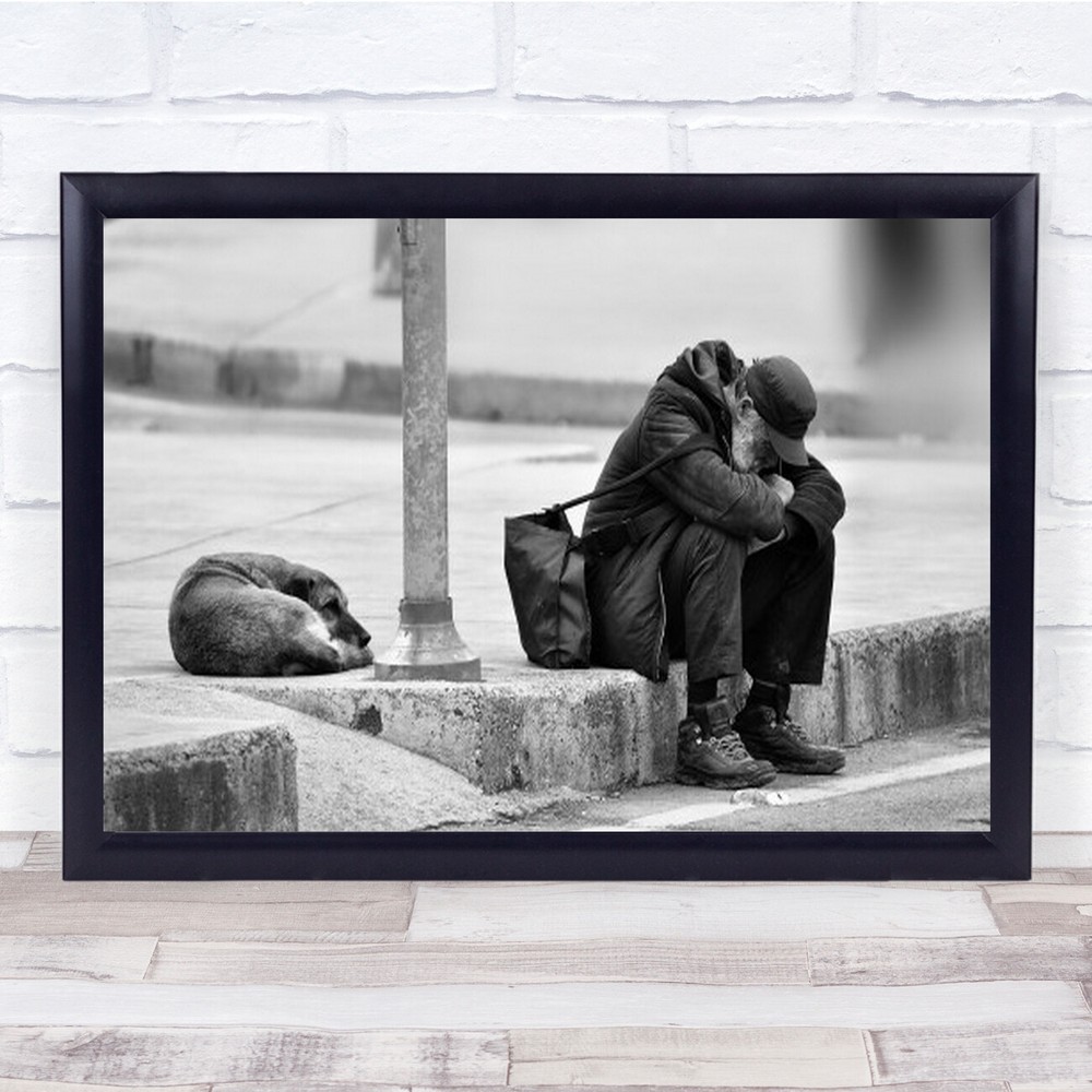 Two Friendly Street Dog Friends Man B&W Sitting Homeless Cap Wall Art Print