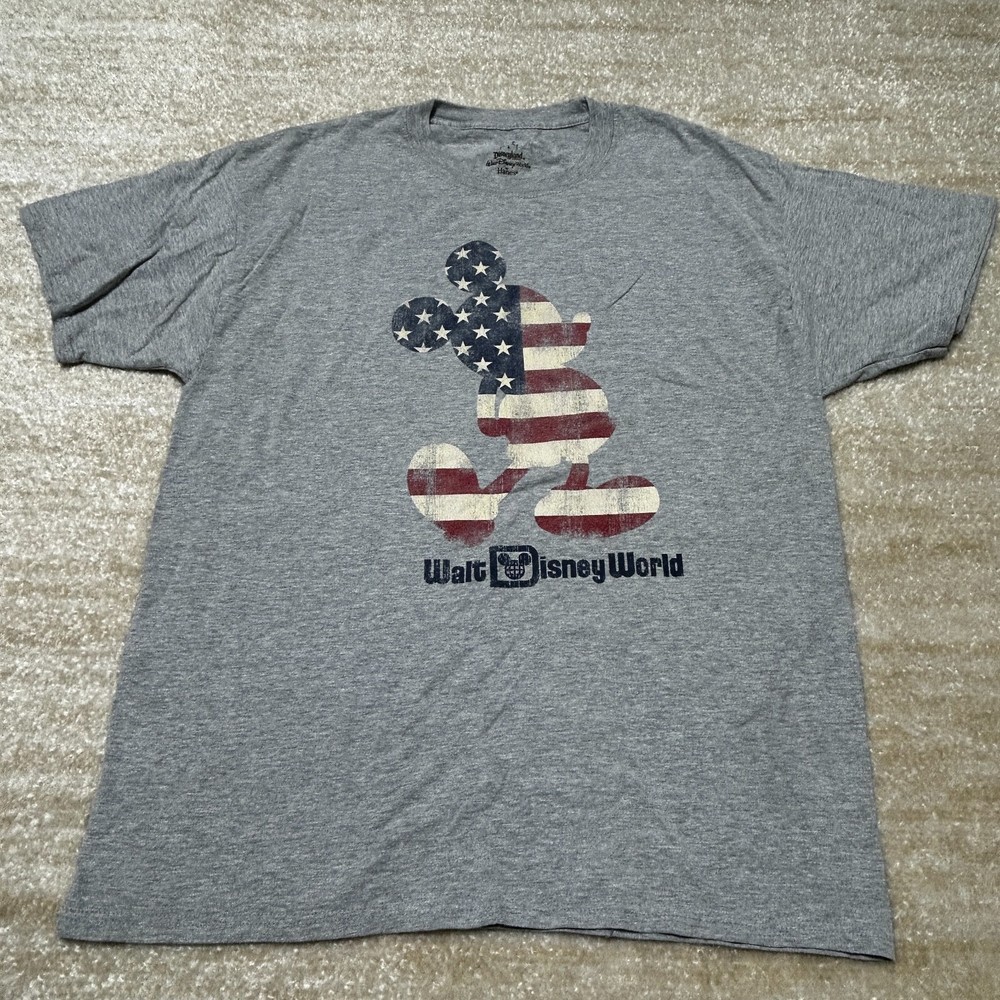 Disney Hanes Men's Graphic T-Shirt Gray Mickey Mouse American Flag Large Cotton