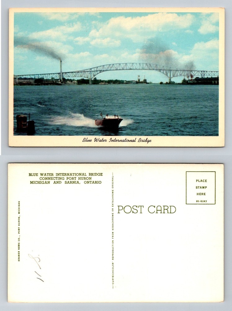 Port Huron, MI-Michigan, Blue Water International Bridge River Vintage Postcard
