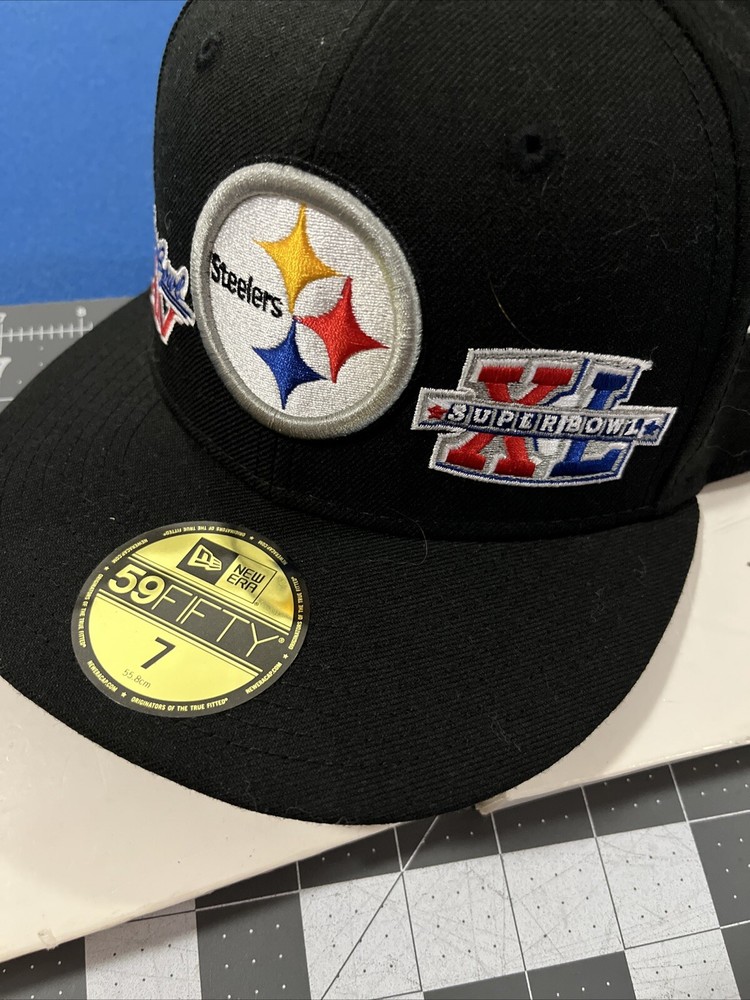 New Era 59Fifty Steelers 6x Super Bowl Champions Fitted Hat - Size 7 Black Logos