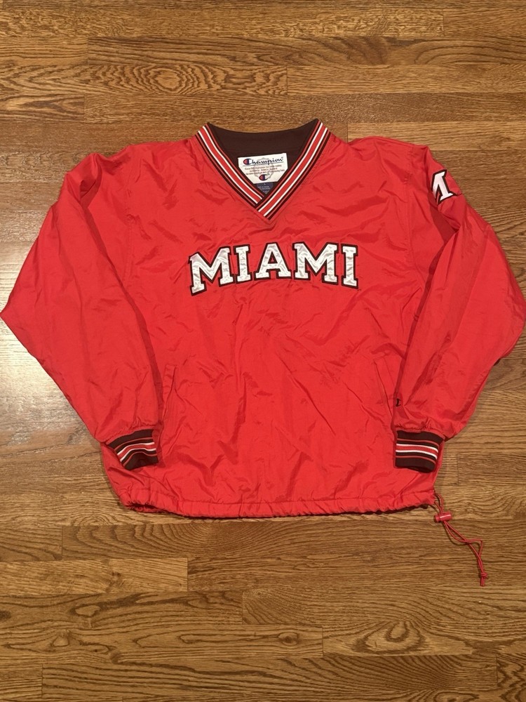 Vintage Champion Miami Pullover Windbreaker Jacket Red Spellout V-Neck 90s  L