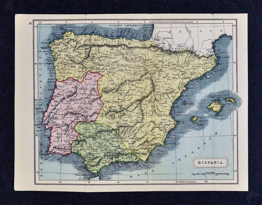 1908 Classical Map - Hispania Ancient Spain & Portugal Lusitania Tarraconensis