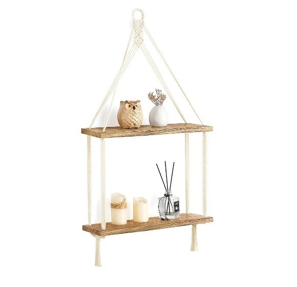 Macrame Hanging Shelf Boho Wall Decor 2 Tier Handmade Cotton Rope Rustic Wood...