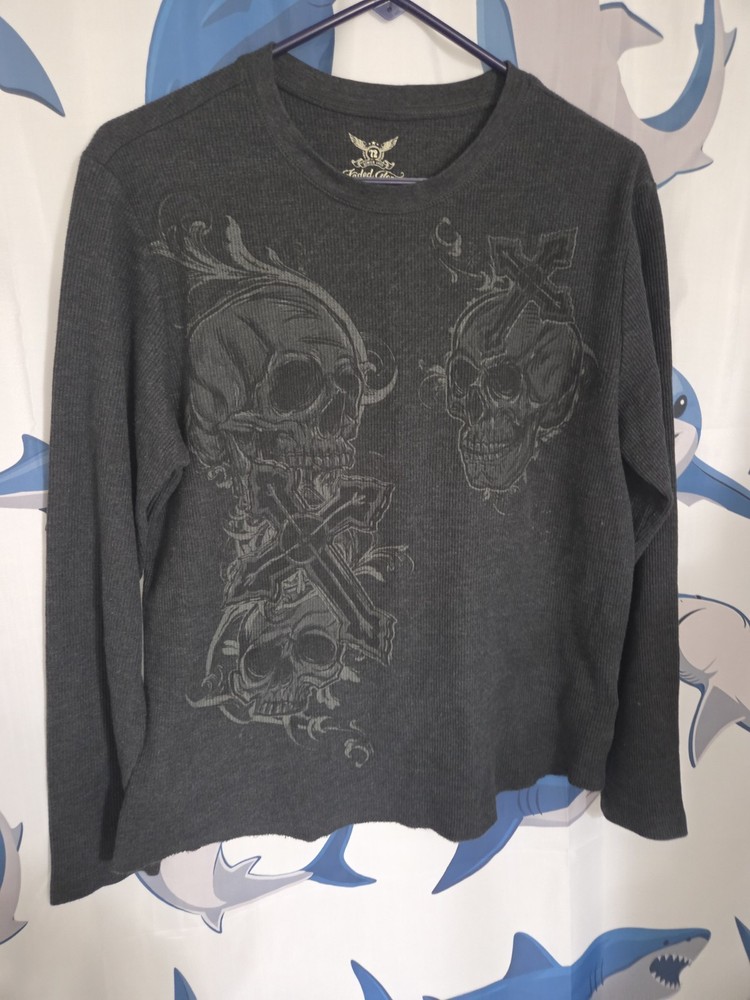 Vintage Y2k Faded Glory Thermal Waffle Knit Skulls Cross Affliction Shirt Size L