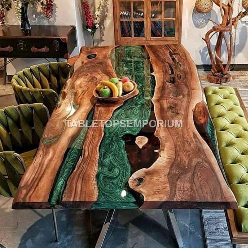 Custom Epoxy Dining Center Table Acacia Handmade Green Resin River Design Décors
