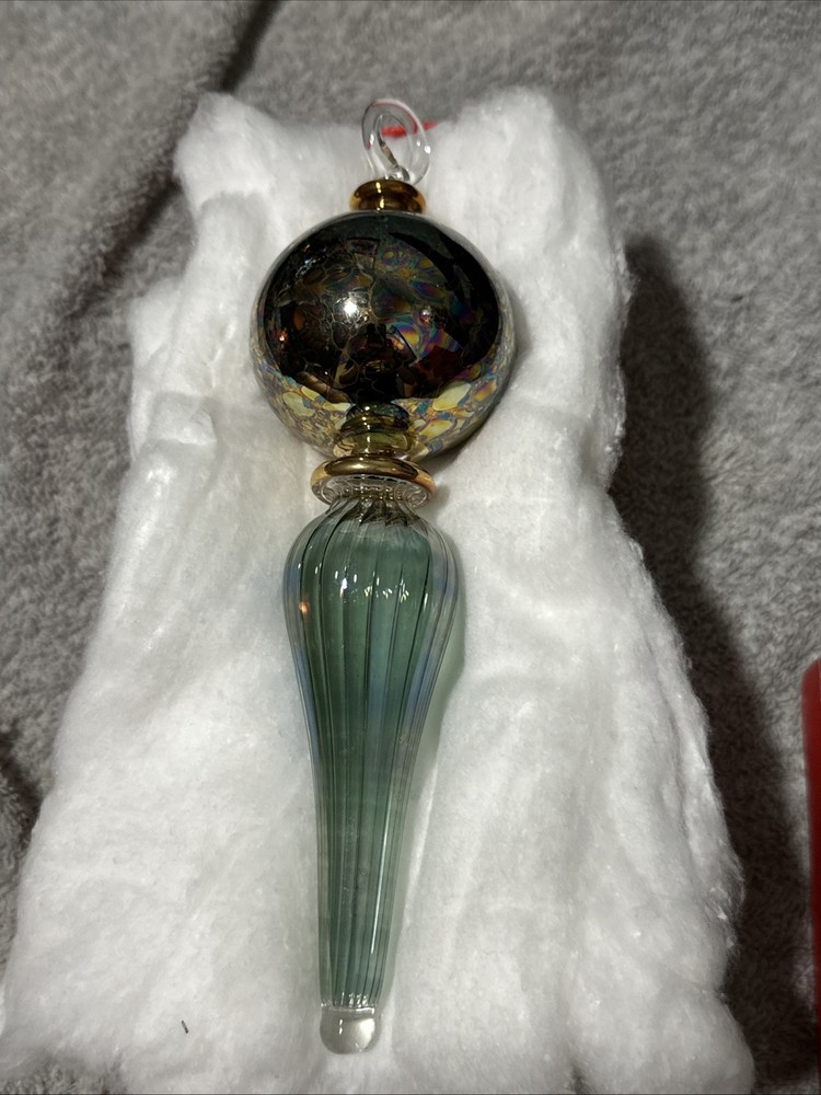 Green Egyptian Hand Blown Fancy 24K Accent Gold Glass Christmas Ornament 8”-image