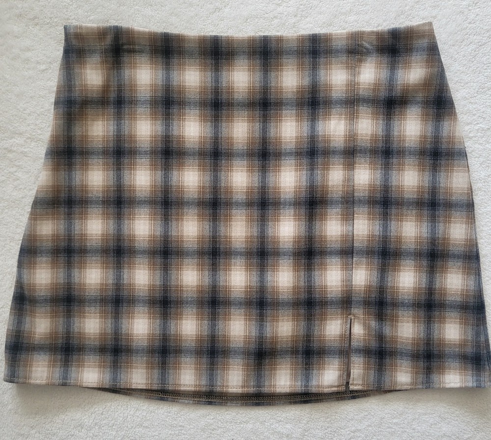 Old Navy Academia Flannel Plaid Mini Skirt Women's L Pencil Tan Gray White