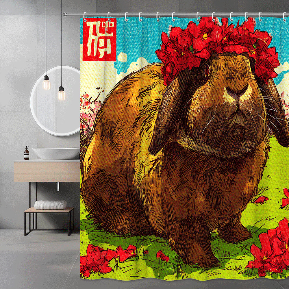 Rabbit Shower Curtain Floral Bunny Print Spring Decor