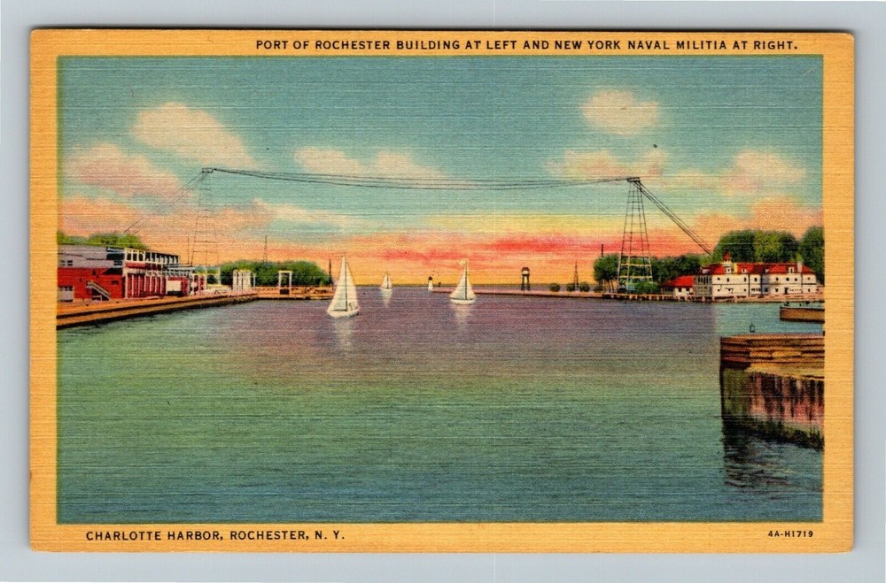 Rochester NY-New York, Port Of Rochester Building At Left, Harbor Linen Postcard