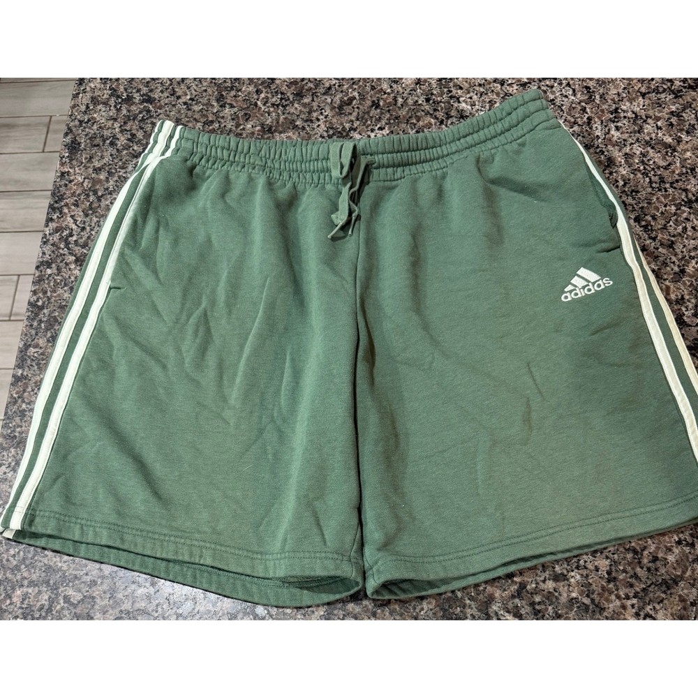Adidas Mens 2XL Green 3-Stripe Fleece Shorts Athletic Loungewear Gym