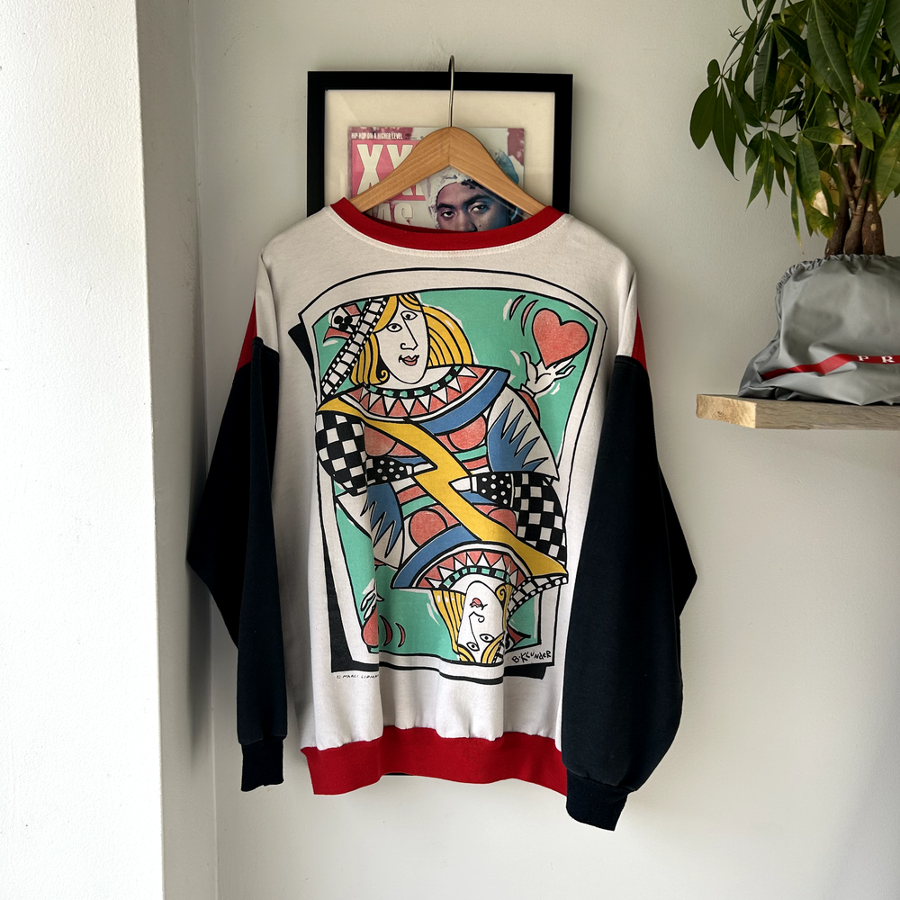 VINTAGE 1990s | Abstrac Solitaire Queen Card Graphic Crewneck Sweater One Size-image