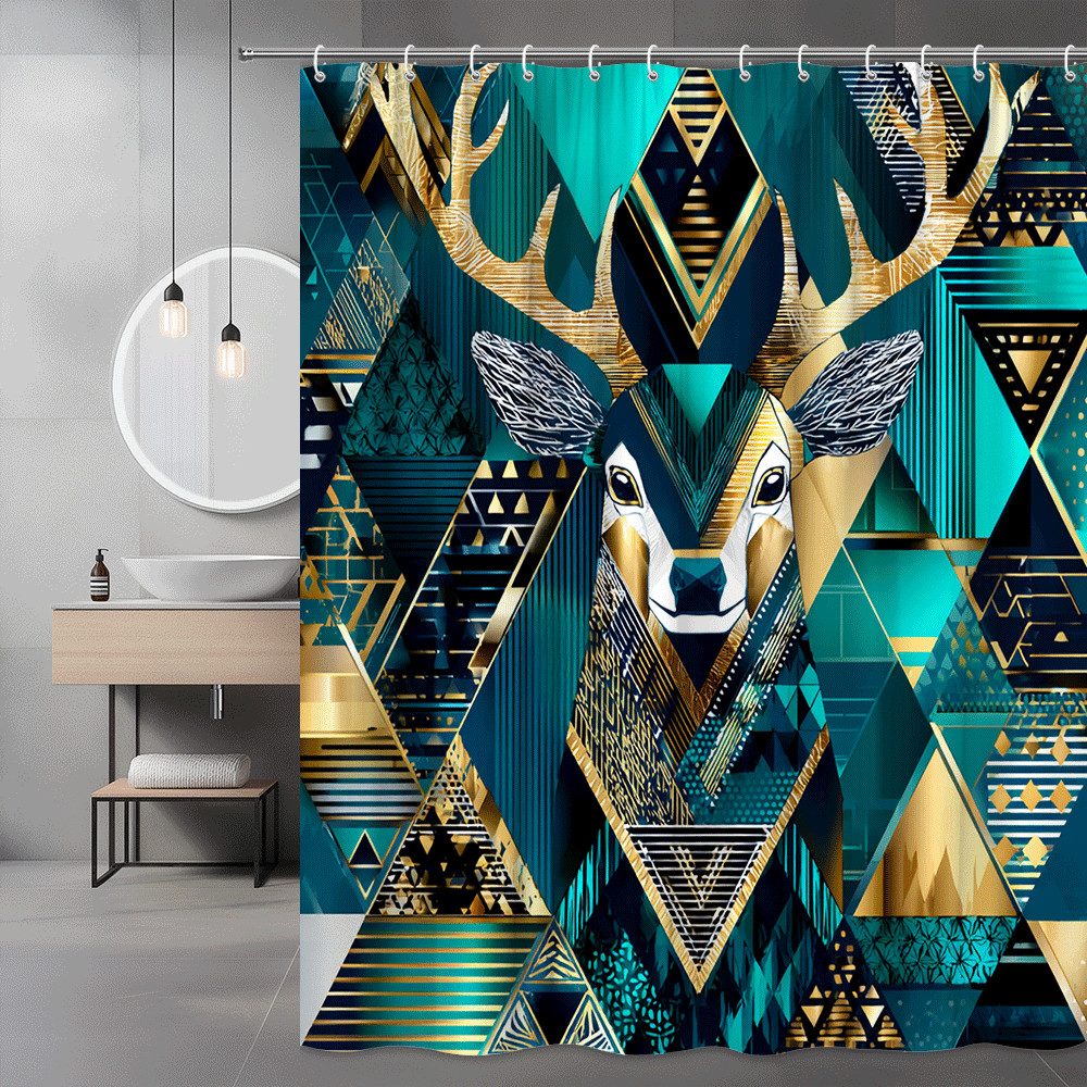 Geometric Deer Shower Curtain Teal Gold Abstract Triangle Print