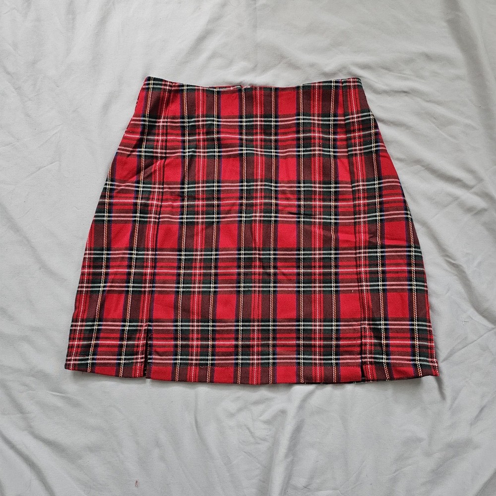 Brandy Melville Red Tartan Plaid Cara Mini Front Slit Skirt - XS/S
