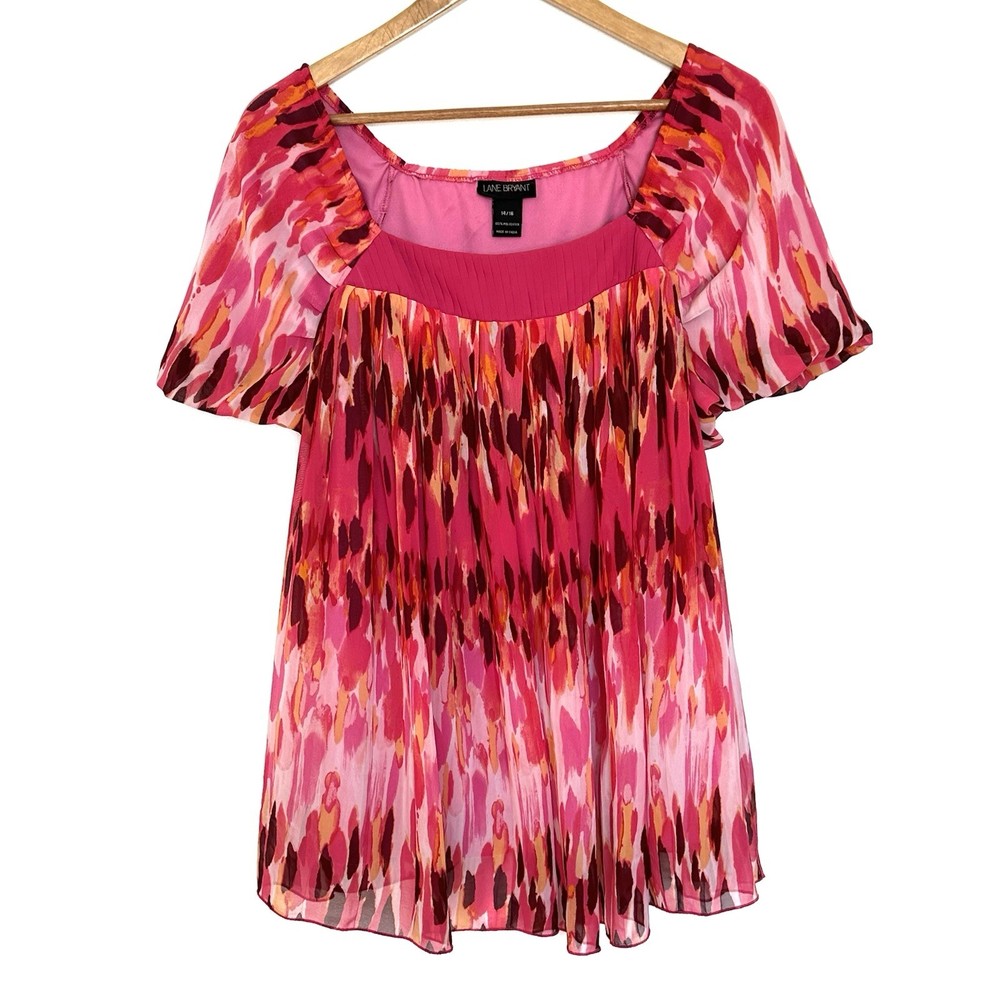Lane Bryant Shirt Women’s Size 14/16 Pink Geometric Short Sleeve Square Neck Top