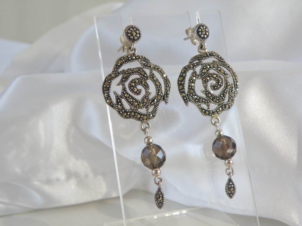 Vintage Sterling Silver 925 Floral Smoky Quartz Marcasite Drop Dangle Earrings