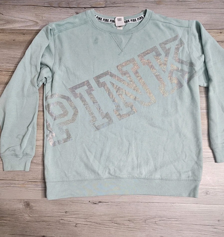 Womens Pink Graphic Logo Sweater Victoria Secret Gray Size XS
